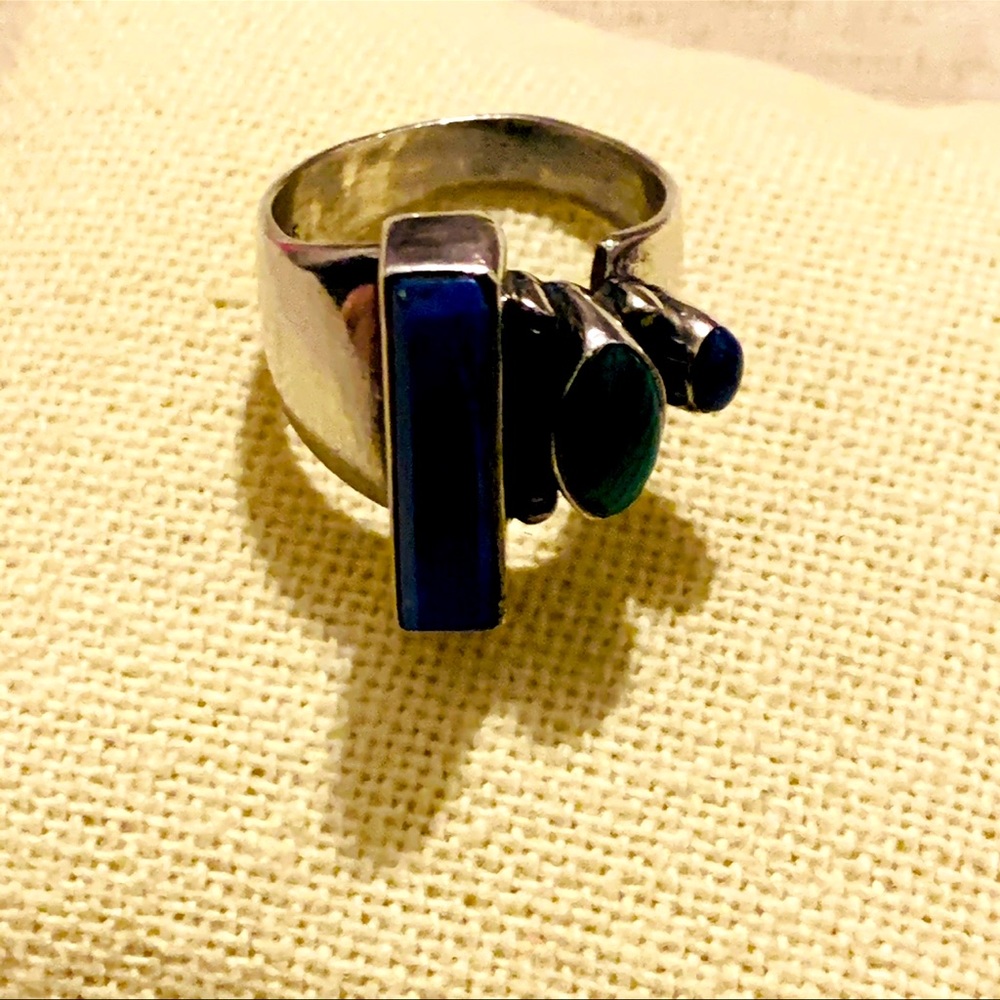 Sterling Silver Ring  | Lapis & Green Stones Mosaic - Picture 2 of 5